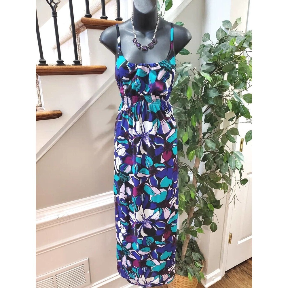 Elle Women's Blue Floral Polyester Scoop Neck Sleeveless Long Maxi Dress Small - Picture 11 of 11